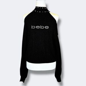 Bebe Womens Sweater Medium Black Cold Shoulder Rhinestone Logo‎ Mock Neck